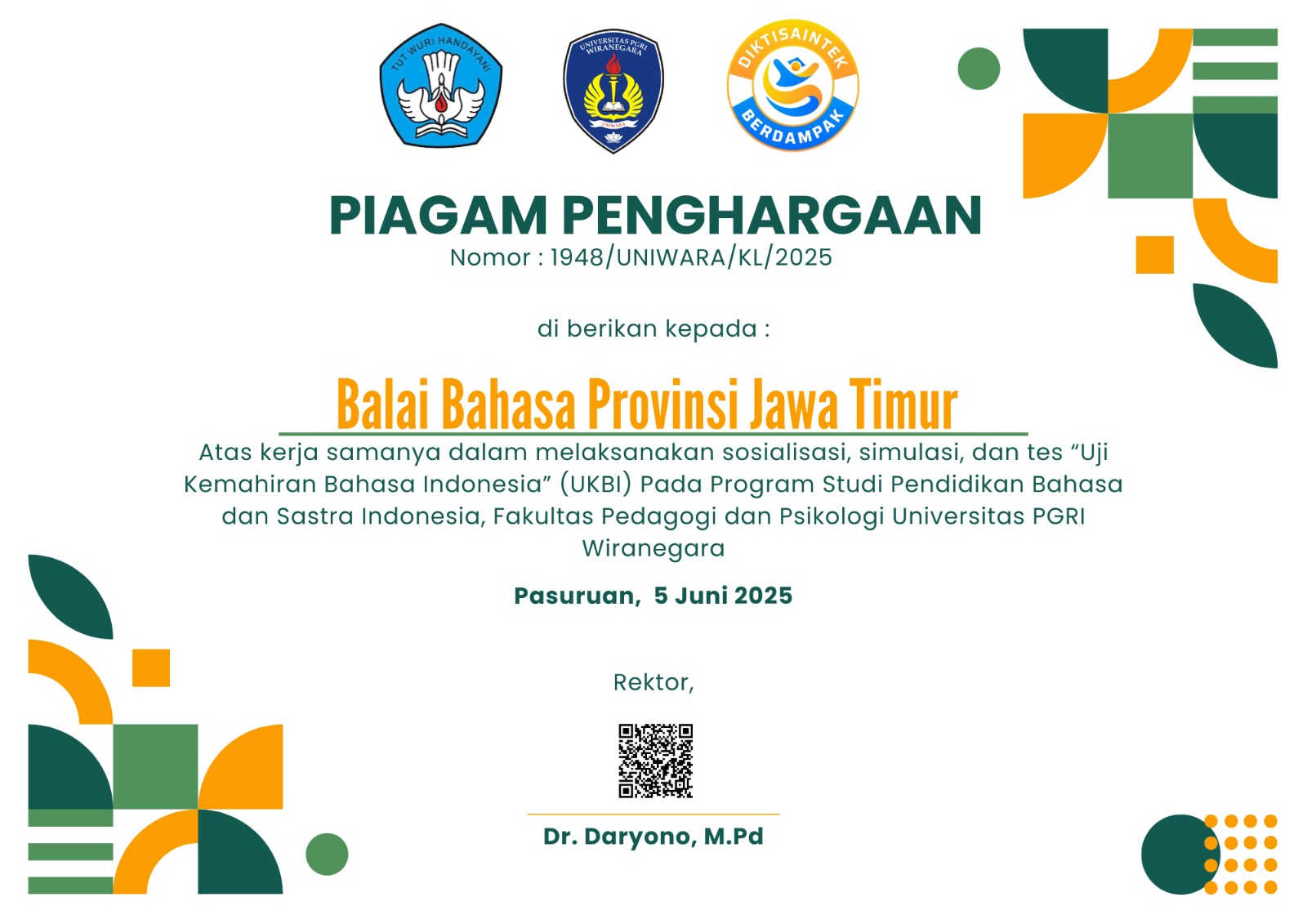 Piagam Piagam Penghargaan Kerja Sama dengan Program Studi Pendidikan Bahasa dan Sastra Indonesia, Fakultas Pedagogi dan Psikologi Universitas PGRI Wiranegara